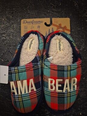 Dearfoams Clog Slippers Womens MAMA BEAR Buffalo Check Plaid Memory Foam